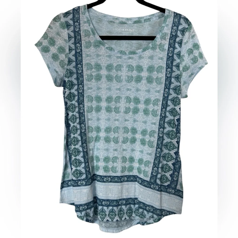 Lucky Brand Teal and Navy Patterned Short Sleeve Top - Picture 1 of 6